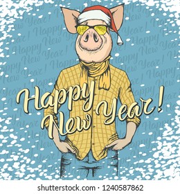 Pig Christmas and New Year vector concept. Illustration of pig in human suit celebrating. Lettering Happy New Year