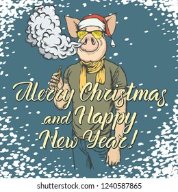 Concepto vectorial de Navidad y Año Nuevo. Ilustración de cerdo con traje humano celebrando. Dejando pasar Feliz Navidad y Feliz Año Nuevo