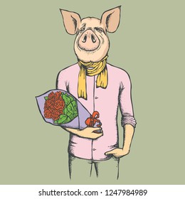 Pig Christmas and New Year vector concept. Illustration of pig in human suit celebrating