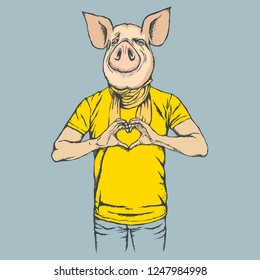 Weihnachten- und Neujahrsvektor-Konzept für Schweinefleisch. Illustration von Schweinen im menschlichen Anzug zum Feiern
