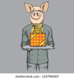 Pig Christmas and New Year vector concept. Illustration of pig in human suit celebrating