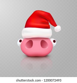 Pig with Christmas Santa Claus hat isolated on transparent background. New Year red cap and cute piglet. Vector xmas funny little pig character.
