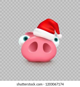 Pig with Christmas Santa Claus hat isolated on transparent background. New Year red cap and cute piglet. Vector xmas funny little pig character.
