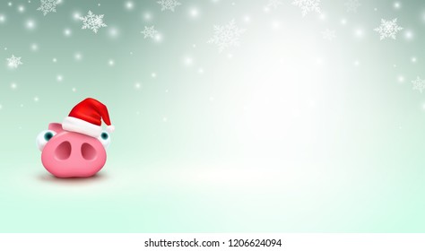 Pig with Christmas Santa Claus hat on winter background. Cute piglet stands under falling snowflakes. Vector xmas or New Year funny little piggy character.