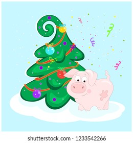 Pig at the Christmas tree. Funny character is happy and blows up a firecracker. Celebratory salute. Happy new year. 2019. Symbol of the year in the Eastern calendar. Balls and garland on the tree. Vec