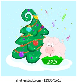 Pig at the Christmas tree. Surprised character sitting on the box. Celebratory salute. Happy new year. 2019. Symbol of the year in the Eastern calendar. Balls and garland on the tree. Vector.