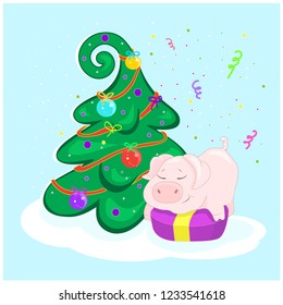 Pig at the Christmas tree. Surprised character sitting on the box. Celebratory salute. Happy new year. 2019. Symbol of the year in the Eastern calendar. Balls and garland on the tree. Vector.