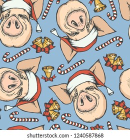 Pig Christmas vector illustration seamless pattern. Year of the pig concept. Pig heads with Christmas bells