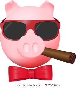 Pig with cigar, mirror glasses and red bow