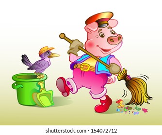 The pig cleans dust. Vector illustration