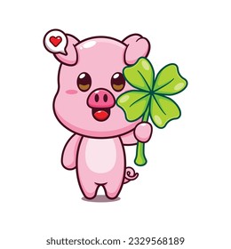 pig with clover leaf cartoon vector illustration.