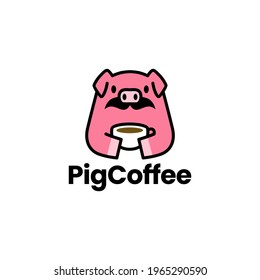 pig coffee cup moustache logo vector icon illustration