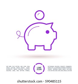 pig with coint isolated minimal single flat linear icon for websites and mobile minimalistic flat design.