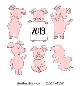 Pig collection set. Set banner happy new year greeting card. Cute pig cartoon. Vector isolated illustration.  Farm animal icon set. Vector piggy symbol 2019.