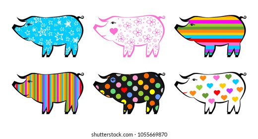 Pig collection set  isolated on White background. Silhouette.  Vector illustration