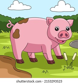 Pig Colored Cartoon Farm Illustration