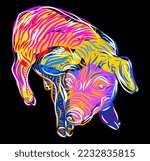 Pig. Colorful Pork in graphic style, hand drawing abstract vector illustration with large strokes of paint.