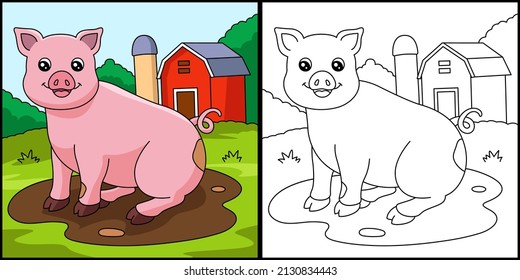 Pig Coloring Page Colored Illustration