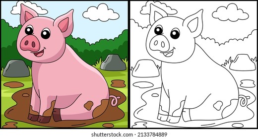 Pig Coloring Page Colored Illustration