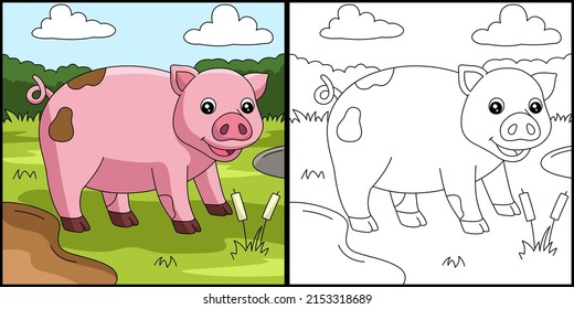 Pig Coloring Page Colored Illustration