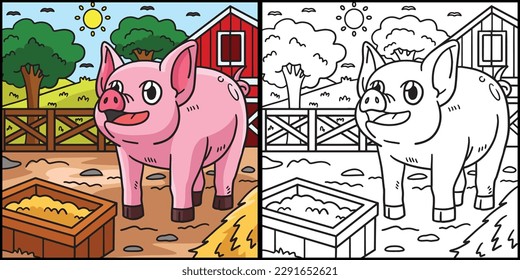 Pig Coloring Page Colored Illustration