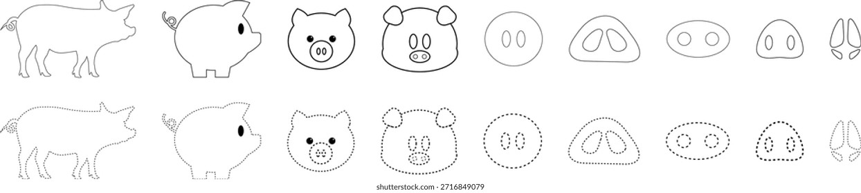 Pig Coloring Page Vector Bundle with Outline, Dotted and Dashed Cartoon Pig Elements