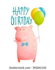 Pig congratulating with balloons and bow tie humorous character kids design. Vector illustration.