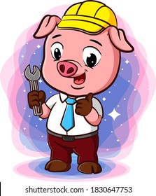 A pig at the construction wearing a safety helmet and holding wrench tool
