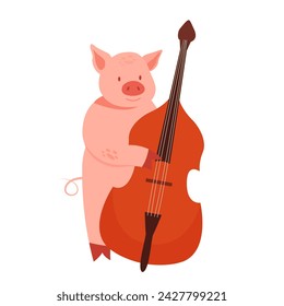 Pig with contrabass. Animals musical orchestra, pig playing musical instrument vector illustration