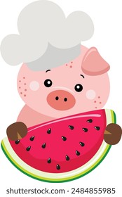 Pig cook holding slice of fresh watermelon