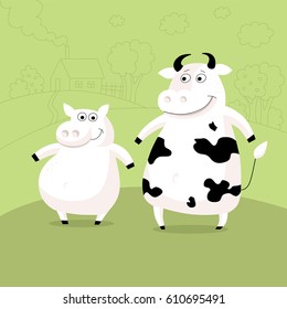 Pig and cow. Funny vector illustration of farm animals on green background in cartoon childish style. Two friends humor postcard