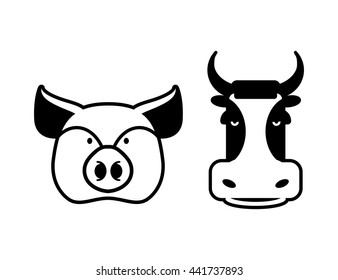 Pig and cow icons. Head farm animal stencil. Pork and beef sign Flat  