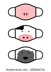 Pig, Cow, and Sheep cartoon mask with cute illustration