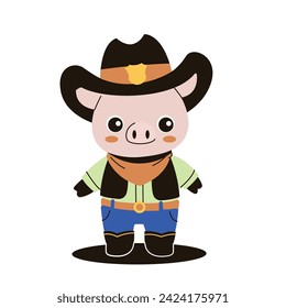 Pig in Cowboy Costume, Flat Concept Style