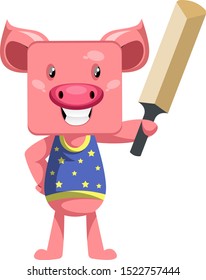 Pig with cricket bat, illustration, vector on white background.