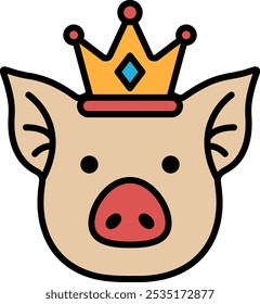 A pig with a crown on its head. The pig is wearing a crown and has a regal look about it