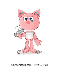 The Pig Cry With A Tissue. Cartoon Mascot Vector