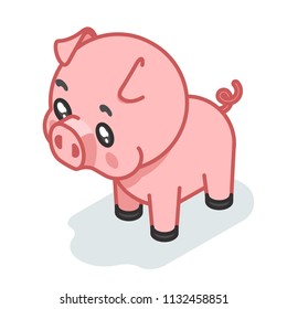 Pig cub isometric cute 3d swine baby animal cartoon flat design icon character vector illustration