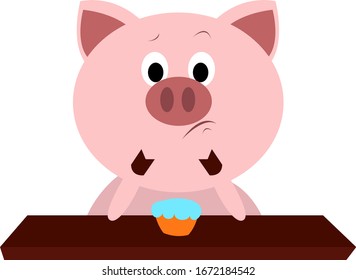 Pig with cupcake, illustration, vector on white background.