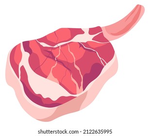 Pig cut meat in butchery shop, ribeye pork chop, isolated ingredient with bones and fat. Farm grown organic products for cooking and preparing dishes, fillet and sirloin for bbq. Vector in flat