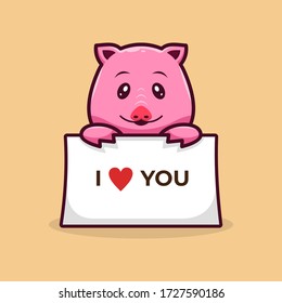 pig cute cartoon character. holding paper blank, with text i love you. piggy mascot vector illustration. animal art trendy