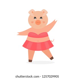 Pig in cute dancing costume. Cute childish vector illustration. 