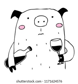Pig Cute hand drawn illustration with a bottle of wine and a glass. Ink vector  isolated
