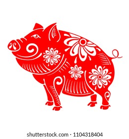 Pig, cute, plump and cheerful, Chinese zodiac symbol of 2019 year, isolated on white background. Vector illustration.