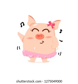 Pig dancing with song, cute cartoon characters, Chinese New Year, year of the pig on white background vector illustration