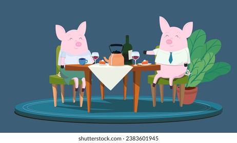 Pig date piglet eating cake and drinkin wine and coffee vector illustration cartoon