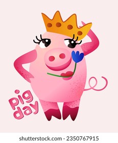 Pig Day. Cute pig with a crown and flower in mouth. Vector isolated illustration.