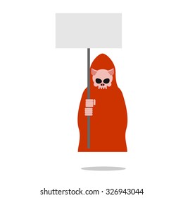 Pig death in red clothes holding an empty plate.  Grim Reaper for farm animals. Illustration for Halloween.
