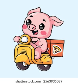 a pig is delivering pizza using a vespa