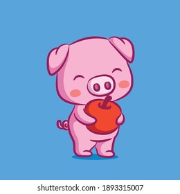 The pig design is giving the red apple on his hands of illustration